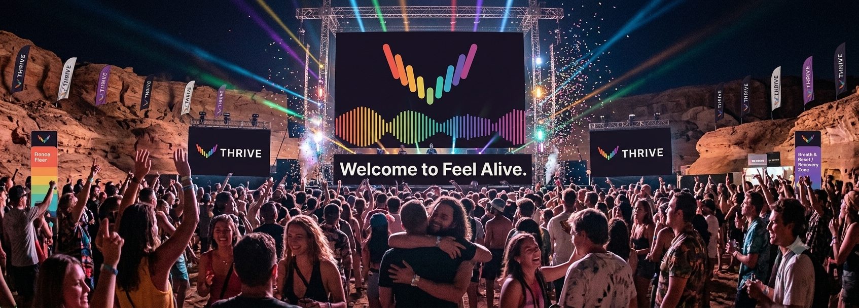 Peak elation on the dancefloor — arms up, open faces