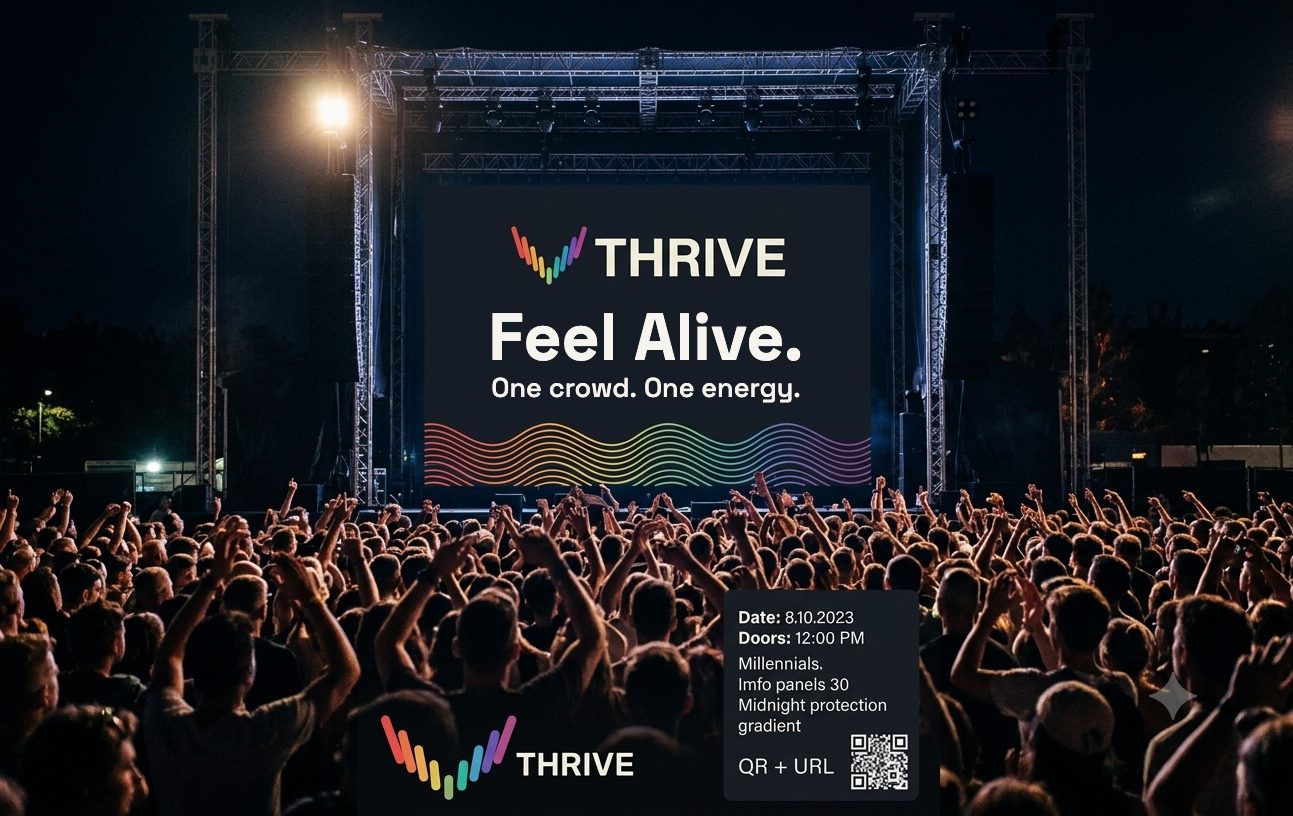 A euphoric crowd mid-dance under warm stage light, arms up